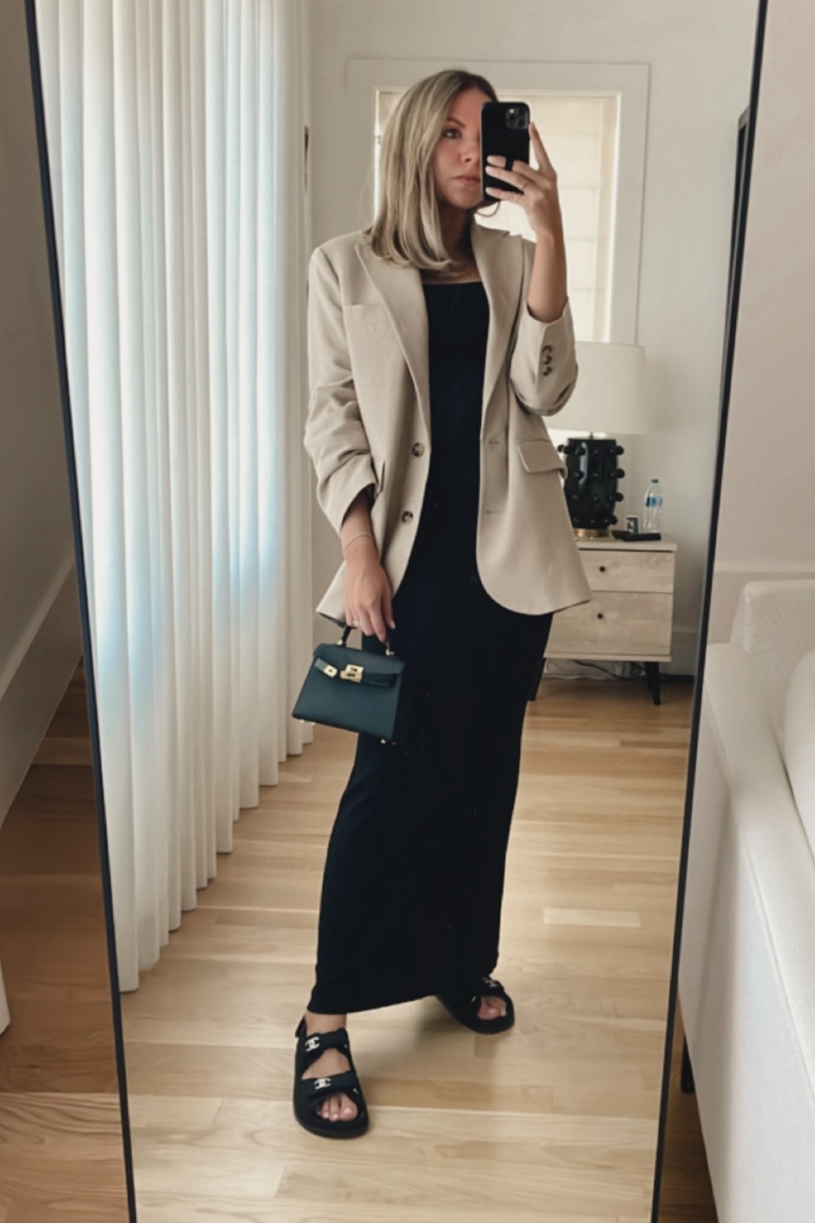 Black long dress with blazer and mini bag 