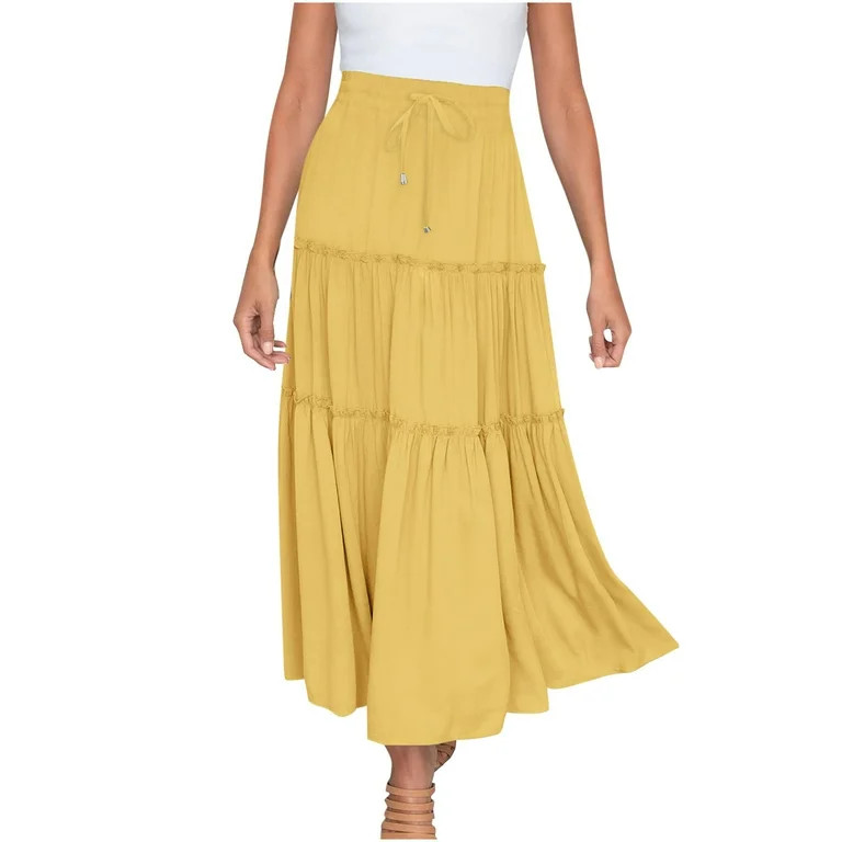 Long Skirts for Women Summer $5 Long Beach Skirts Pleated Elastic Waist Ruffled Skirts | Walmart (US)