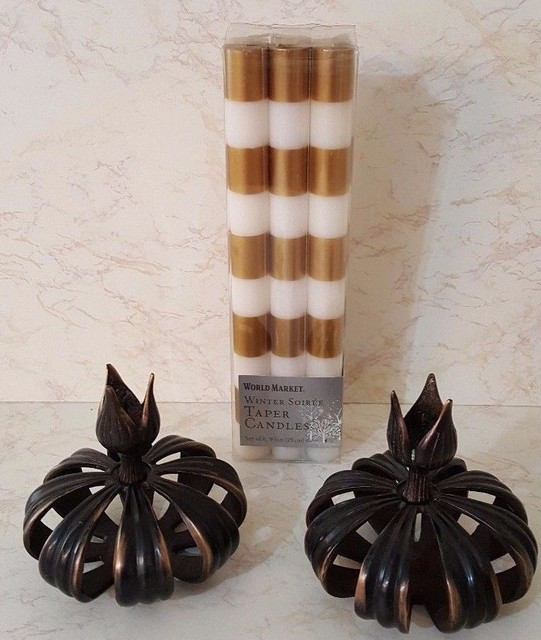 ANTHROPOLOGIE SET OF 2 LOTUS CANDLE STICK HOLDERS W/6 NEW WHITE & GOLD CANDLES | eBay | eBay US