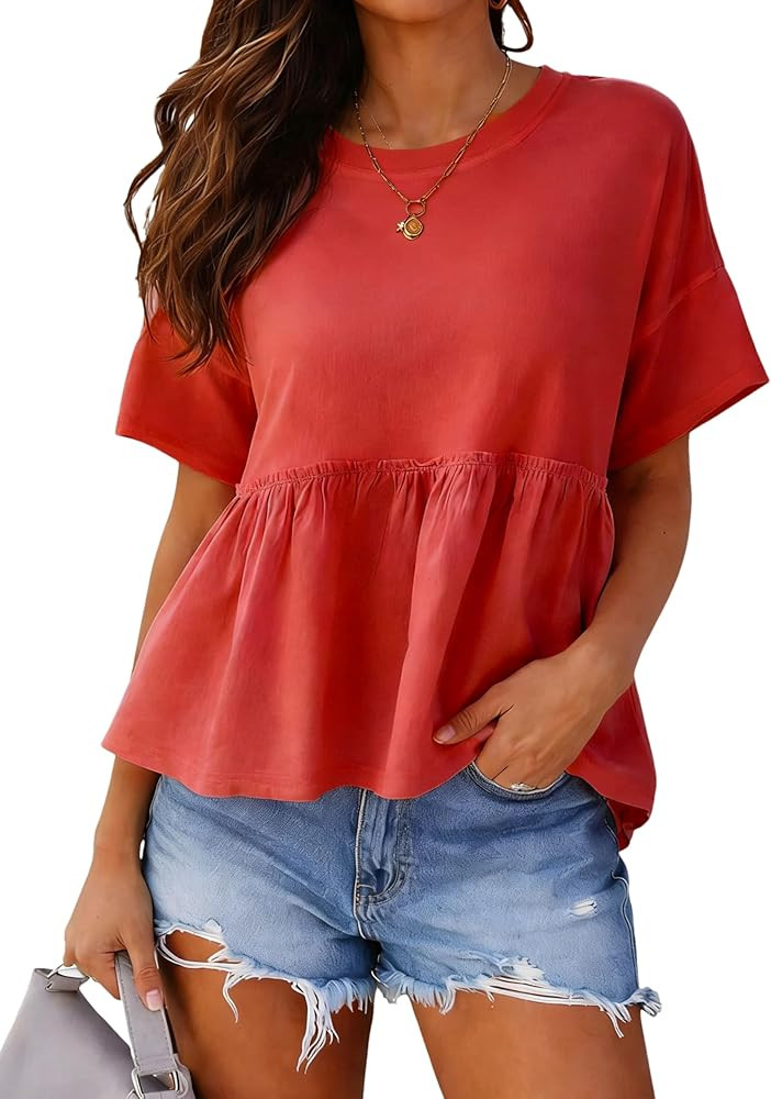 Korebow Womens Short Sleeve Peplum Top Cropped Crew Neck Patchwork Pleated Oversized Babydoll Shi... | Amazon (US)