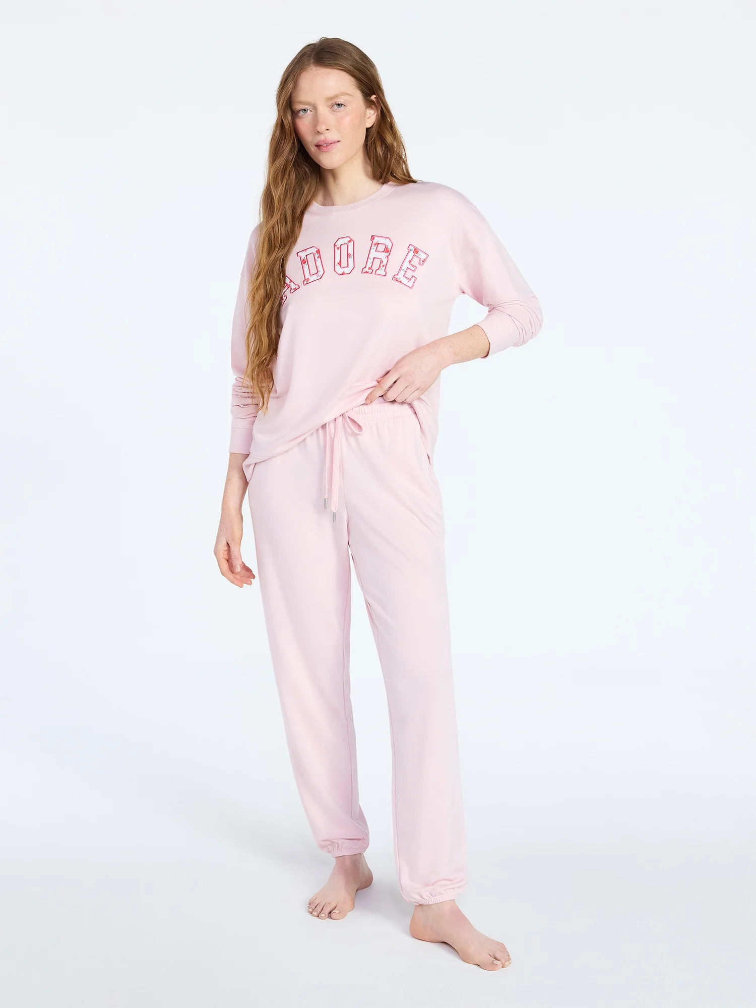 Joyspun Women's French Terry Long Sleeve Sleep Top and Joggers Lounge Set, 2-Piece, Sizes XS-3X | Walmart (US)