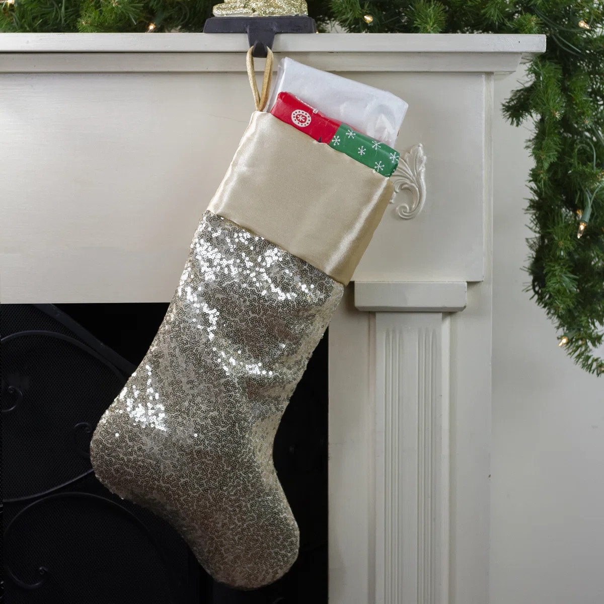 22" Golden Metallic Sequined Christmas Stocking With Satin Cuff | Wayfair North America