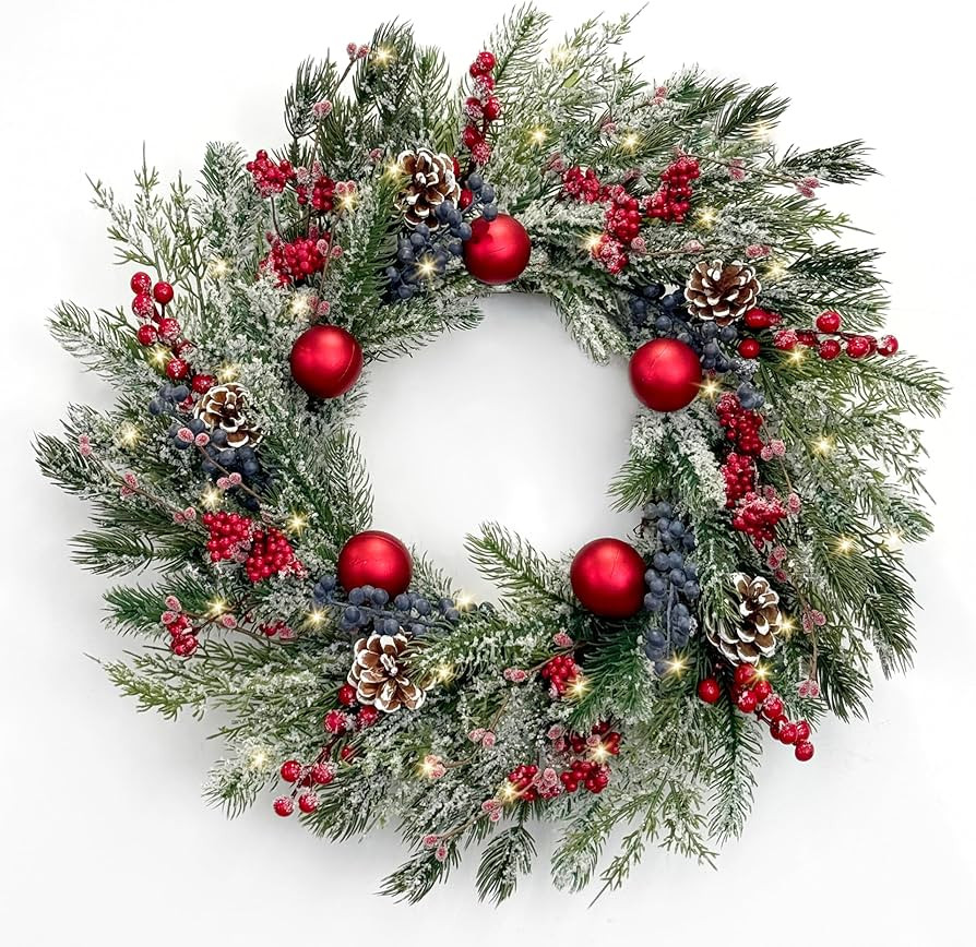 TOKCARE Christmas Wreath with Lights 24 Inch PreLit Christmas Wreaths for Front Door with Red Bal... | Amazon (US)