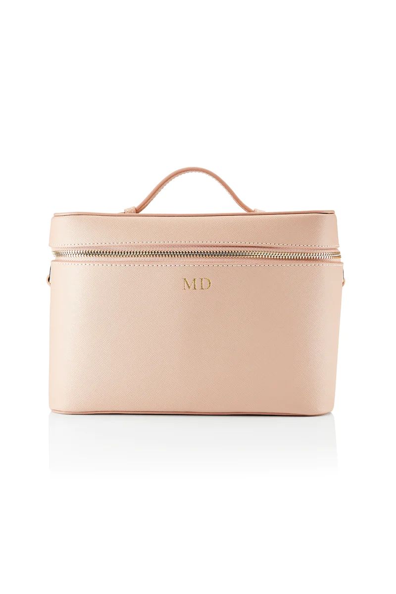 Personalised Leather Make Up Box - Nude Saffiano with Gold Hardware | HA Designs