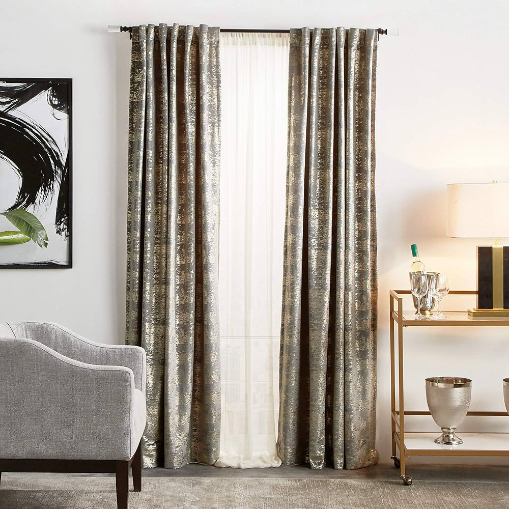 MARTHA STEWART Monroe Metallic Velvet Back Tab Window Curtain Panel Pair, 84, Grey | Amazon (US)