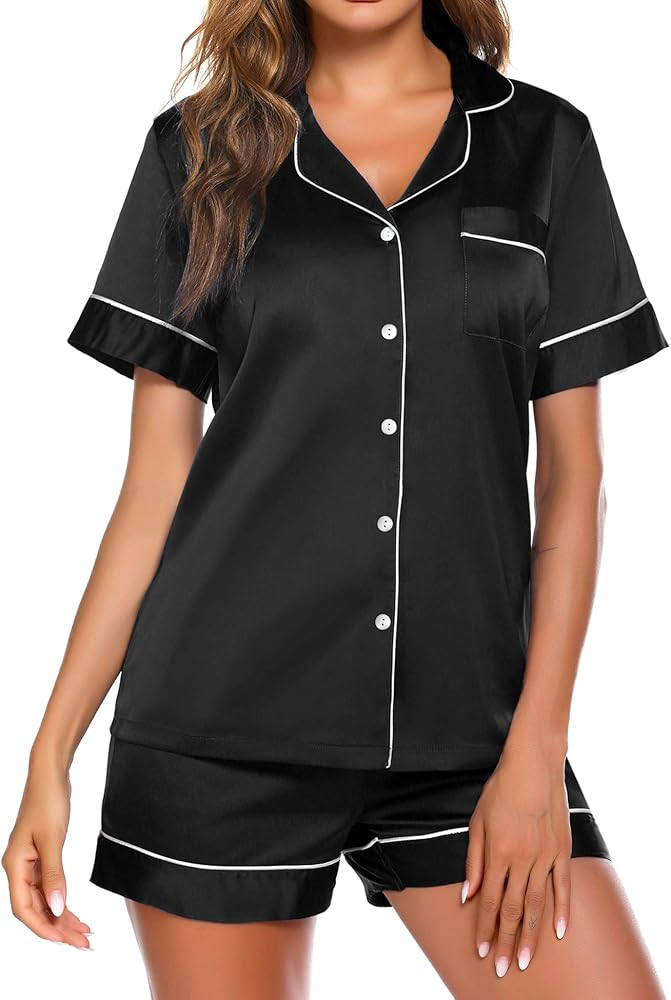 Ekouaer Satin Pajamas Women's Short Sleeve Sleepwear Soft Silk Button Down Loungewear Pjs Shorts ... | Amazon (US)