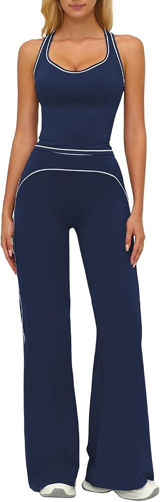 AGYMNX Women's Yoga Jogger Compression Contrast Tank Top Tummy Control Bell Bottom Flare Pants Le... | Amazon (US)