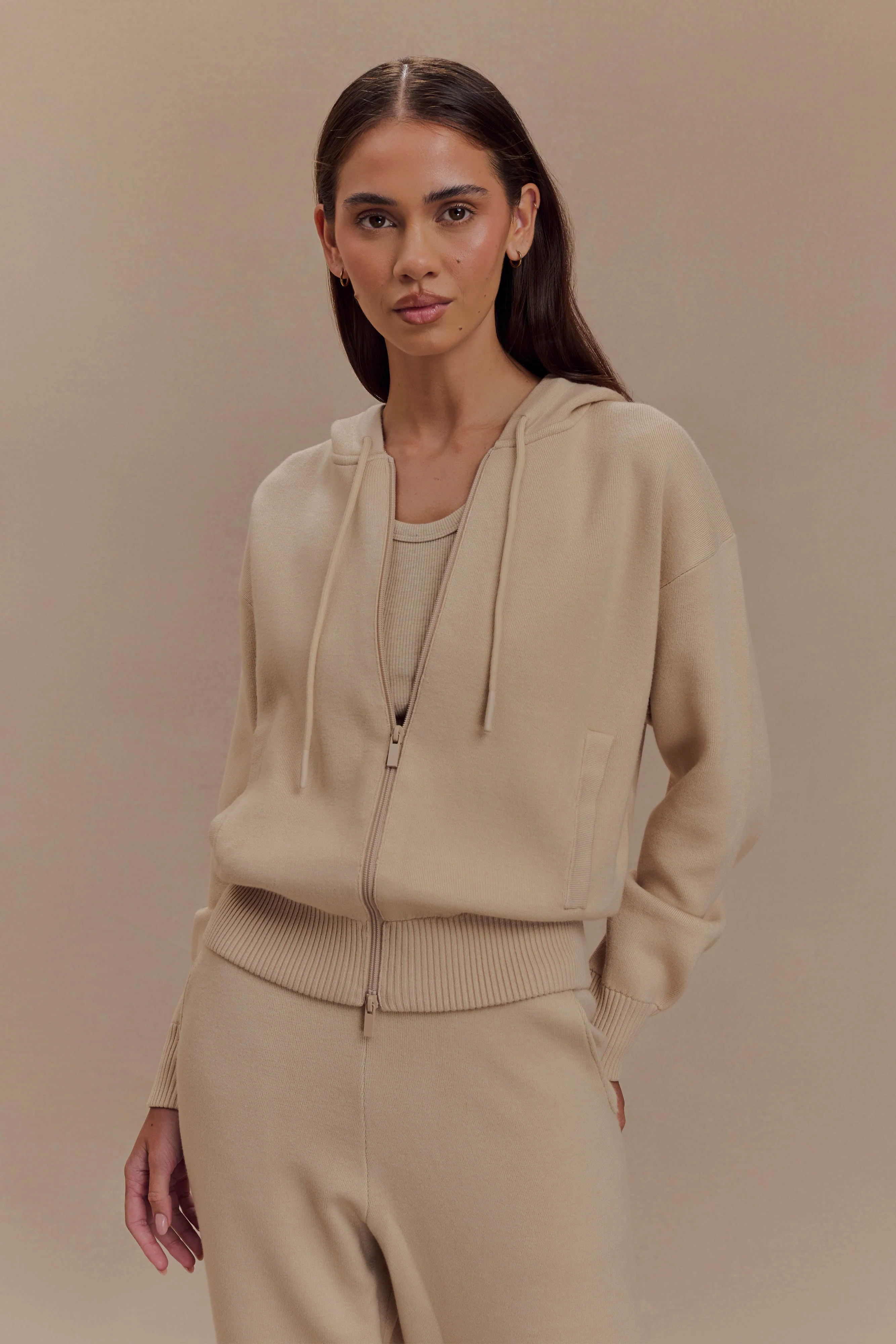 Zip Front Knit Hoodie - Camel | MESHKI US