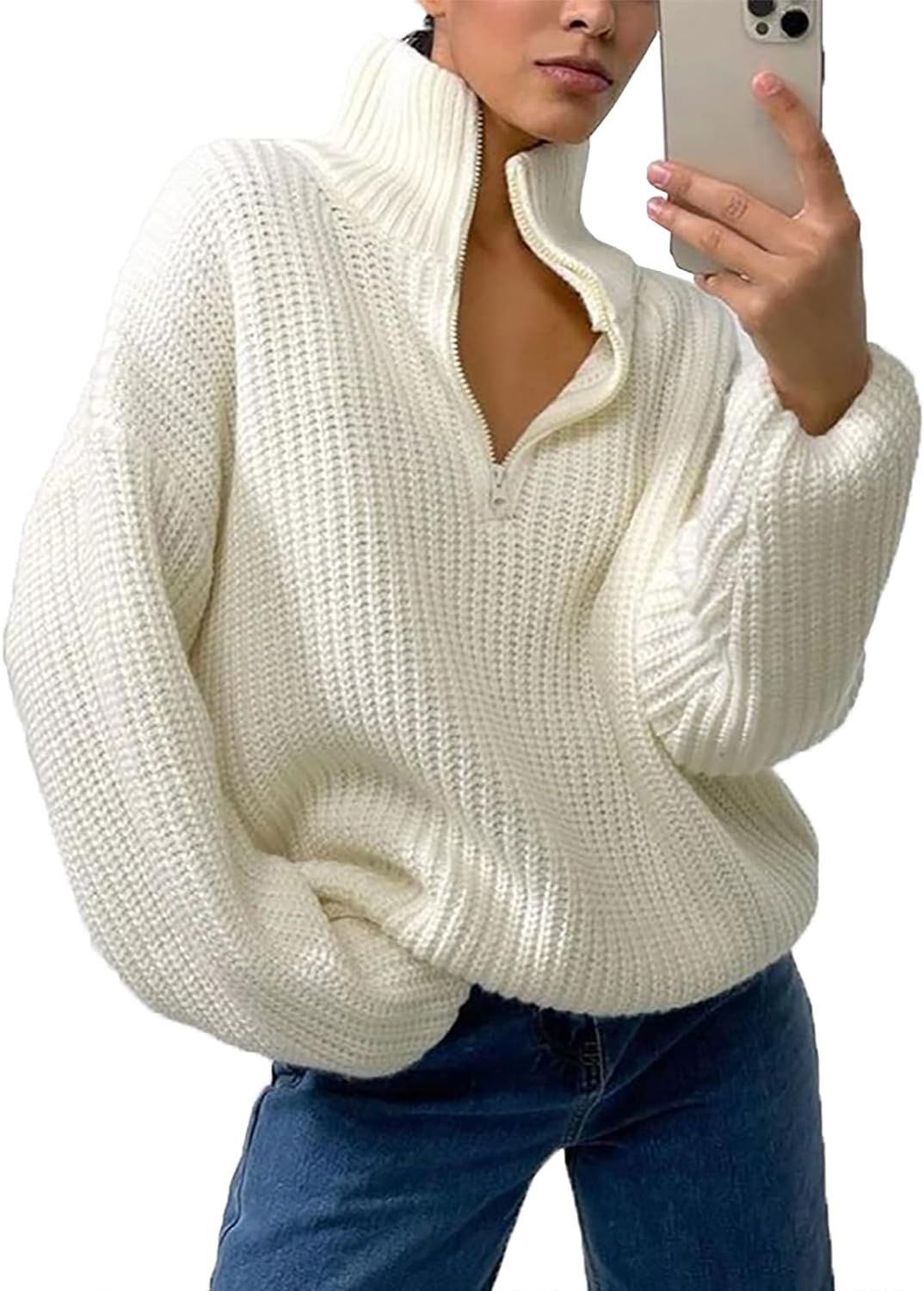 Womens Oversized Zipper Turtleneck Sweater Shirts Loose Long Sleeve Knitted Pullover Sweatshirt T... | Amazon (US)