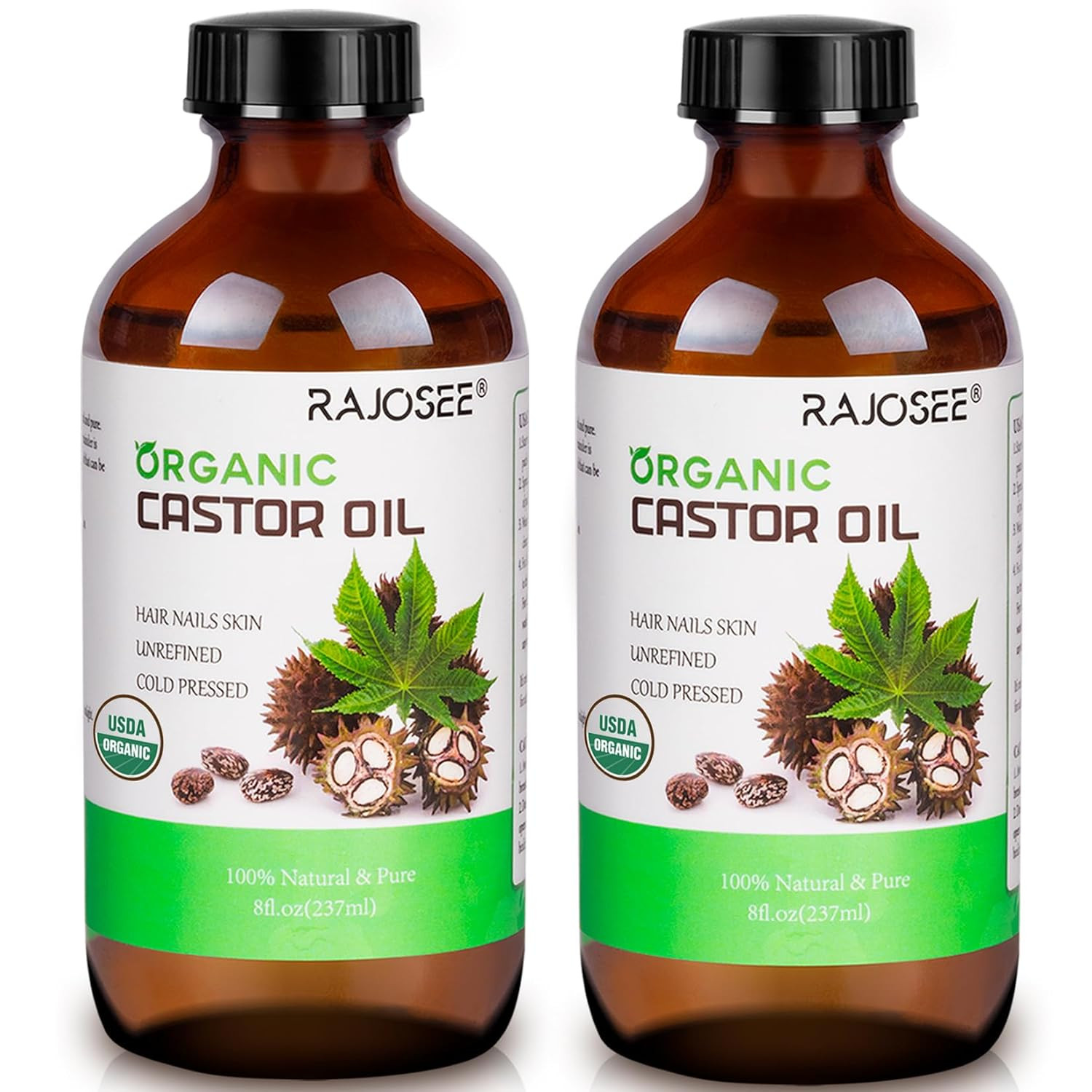 2 Pcs Certified Organic Castor Oil, Natural Oil Cold Pressed in Glass Bottle, Massage Oil, Pure f... | Amazon (US)