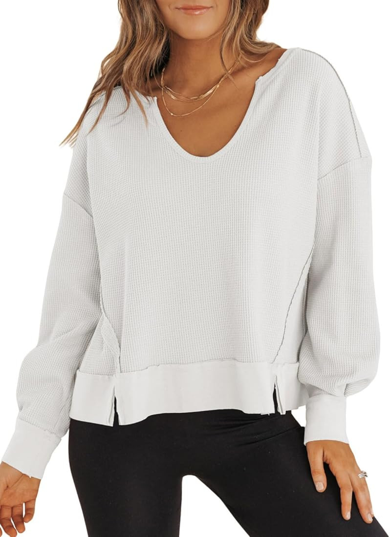 Dokotoo Womens Crop Tops Casual Long Sleeve Shirts Waffle Knit Cropped Sweatshirts Pullover Sweat... | Amazon (CA)