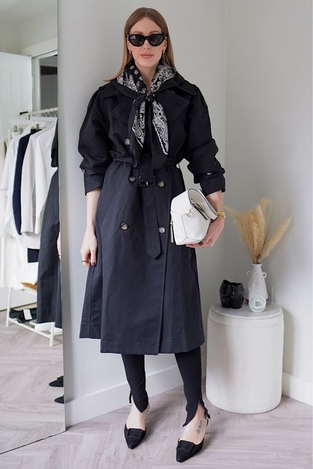 Chic black trench coat outfit - timeless classic fashion. Update your outfits by experimenting with a silk scarf! 

*get 10% off my sunglasses with code CHARR10

#LTKSeasonal #LTKFind #LTKstyletip