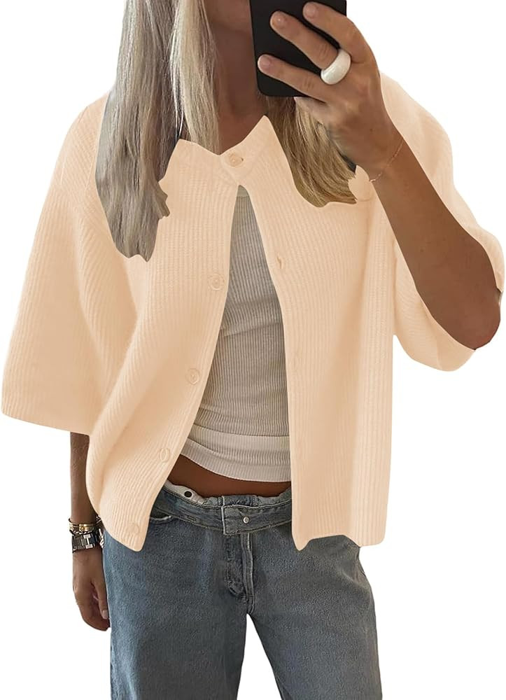 LOMON Womens Spring Summer Short Sleeve Cardigan Sweaters Trendy Crew Neck Button Down Lightweigh... | Amazon (US)