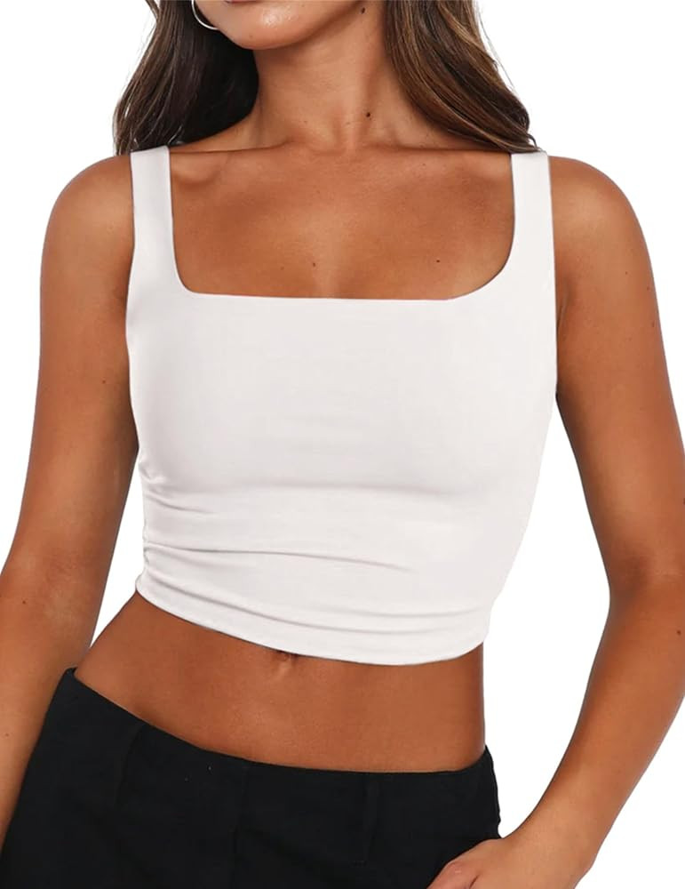 Zeagoo Women's Square Neck Crop Tops Cute Double Layer Casual Slim Tank | Amazon (US)