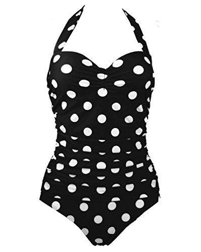 1950s Retro Black Vintage One Piece Monokini White Polka Swimsuits Swimwear XL(FBA) | Amazon (US)