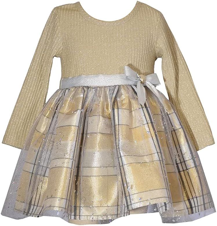 Bonnie Jean Holiday Christmas Dress - Gold Knit Plaid Dress | Amazon (US)