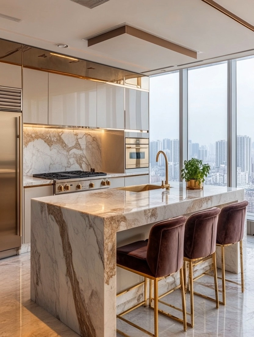 This beautiful, elegant kitchen island is a perfect example of modern luxury done right. The marble kitchen island immediately sets a high-end tone, offering both visual impact and everyday functionality. Paired with rich plum-to-purple upholstered bar stools, this space feels bold, refined, and intentionally designed. The deep plum shade adds warmth and depth while still feeling sophisticated, making it an ideal color choice for anyone looking to move beyond neutral kitchens without overpowering the space.

Gold accents elevate the entire kitchen effortlessly—from the sculptural gold kitchen faucet to the gold and bronze-toned appliances that reflect light beautifully throughout the room. These metallic finishes add a sense of cohesion and glamour, tying together the marble surfaces, modern cabinetry, and statement seating. Even small details matter here: a gold planter with fresh green herbs on the island introduces a natural, organic element that softens the luxury and adds life to the kitchen.

This kitchen island design works exceptionally well in modern homes, luxury condos, and contemporary apartments, especially those with open-concept layouts and city views. The combination of marble countertops, purple velvet or upholstered bar chairs, gold hardware, and greenery creates a space that feels timeless, elegant, and highly personal. It’s proof that a kitchen can be both functional and visually striking—perfect for entertaining, casual dining, or simply enjoying everyday moments in a beautifully designed home.

#LuxuryKitchenDesign #ModernKitchenIsland #ElegantHomeDecor 

 #LTKHome