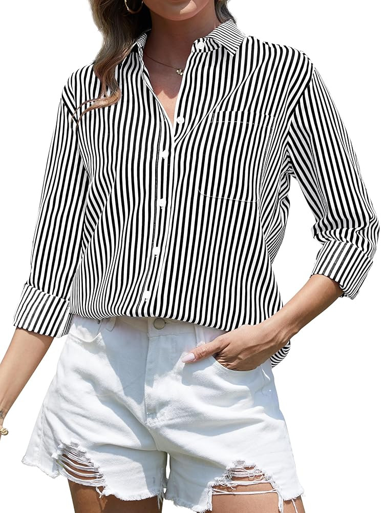 CUNLIN Grade 4 Wrinkle-Resistant Women's Button Down Shirts Striped Long Sleeve Collared Blouses ... | Amazon (US)