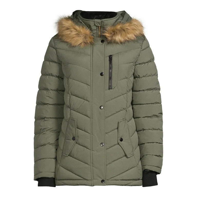Swiss Tech Women's Bibbed Solarball Puffer Coat with Faux Fur Trimmed Hood | Walmart (US)