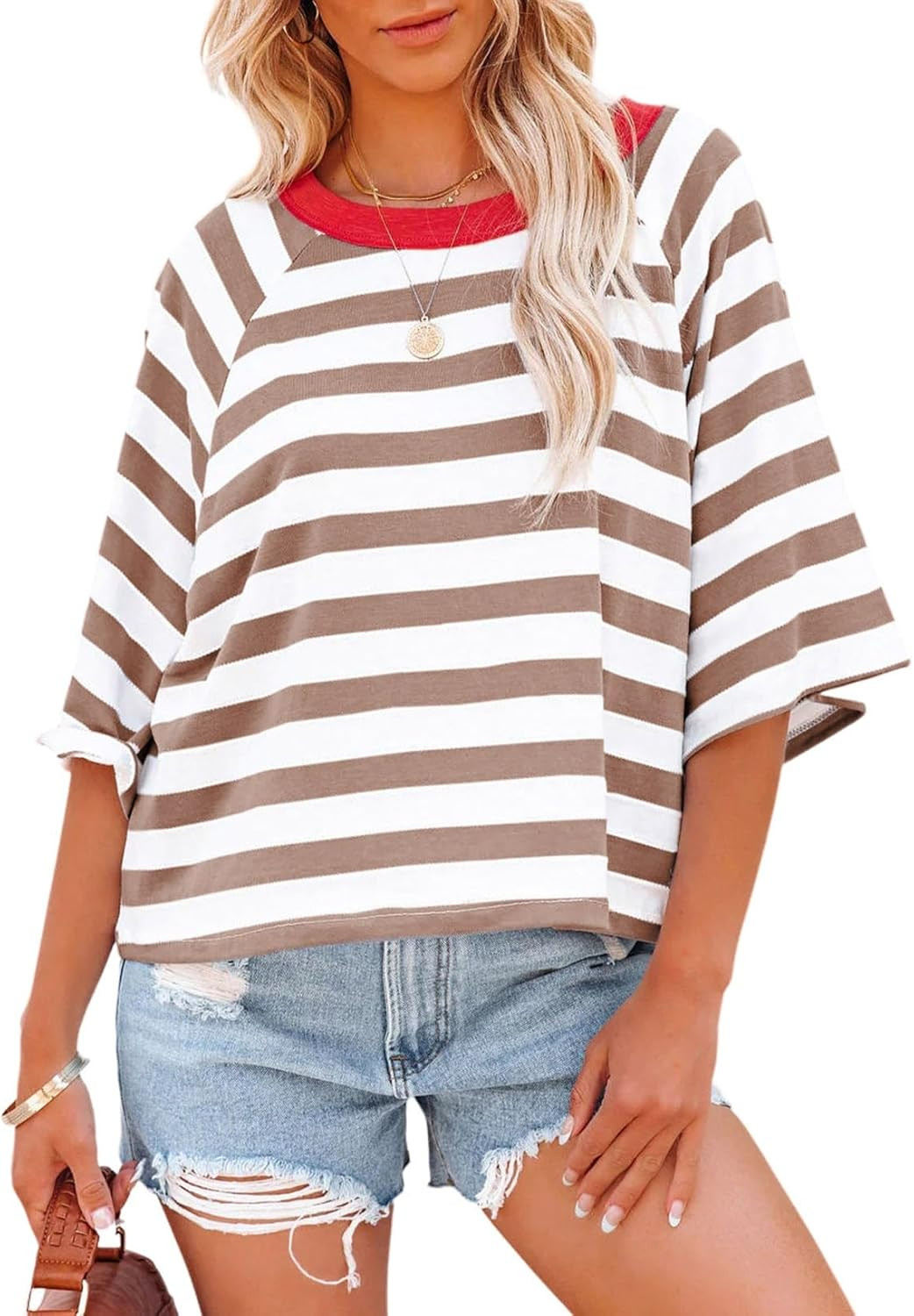 Dokotoo Tops for Women Striped 2024 Fashion T Shirts for Women Color Blocking Design Loose Basic ... | Amazon (US)