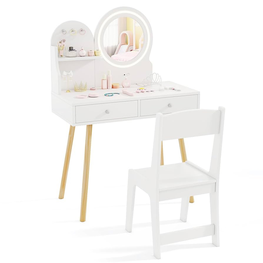 HONEY JOY Kids Vanity, Little Girls Vanity Set with Mirror and Stool and Lights, Drawers, Toddler... | Amazon (US)