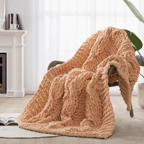 CLOUDS HUG Chunky Knit Blanket Throw - 100% Hand Knitted Chunky Throw Blanket for Couch, Thick and Warm Blanket for Winter, Light Yellow, 50x60 Inches | Amazon (US)