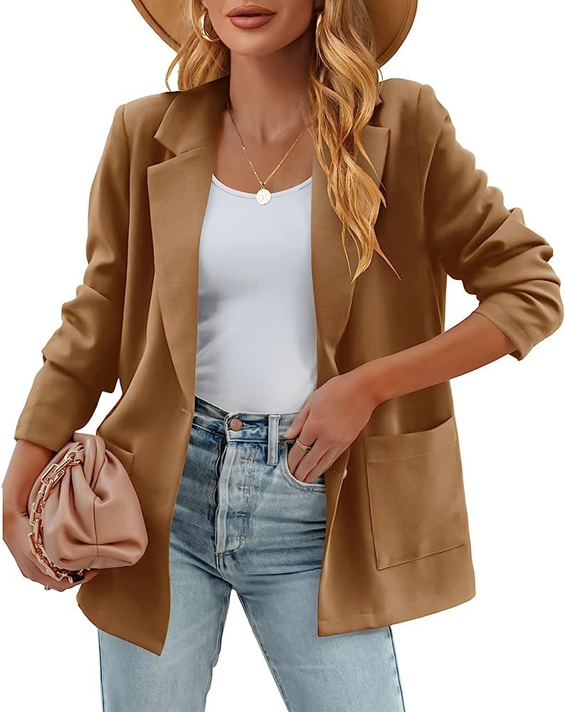 FERBIA Women's Casual Blazer Jackets Button Down Work Suit Jacket Long Sleeve Open Front Cardigans L | Amazon (US)