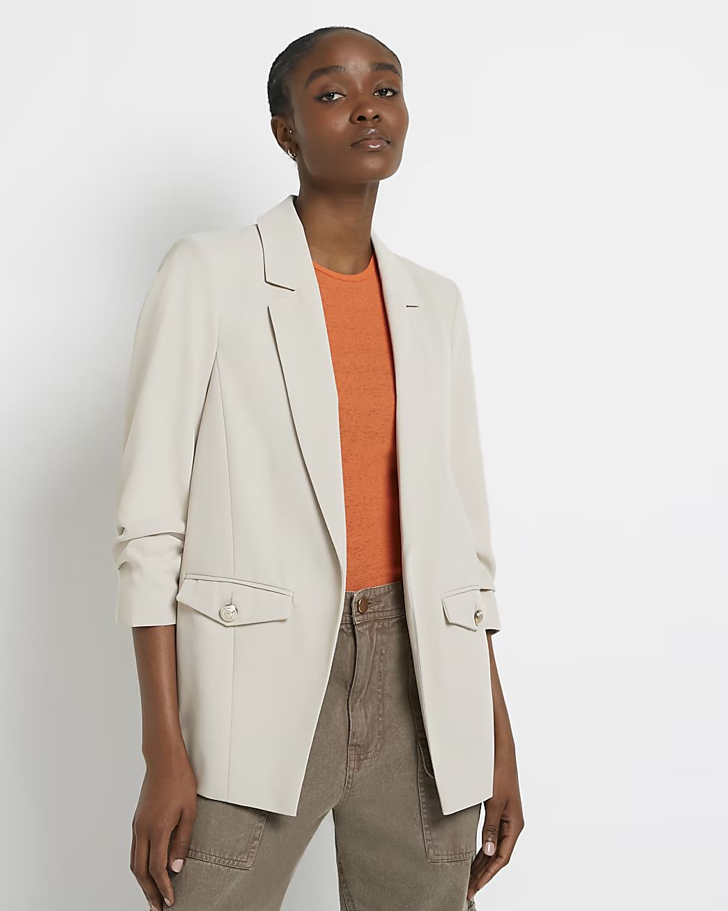 Beige ruched sleeve blazer | River Island (UK & IE)