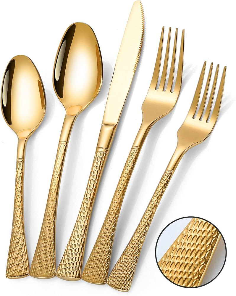 Hammered Gold Silverware Set for 4,Stainless Steel 20-Piece Modern Cutlery Set,Mirror Polished He... | Amazon (US)