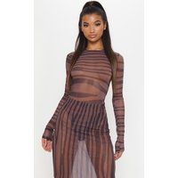 Brown Printed Mesh Long Sleeve Bodysuit | PrettyLittleThing US