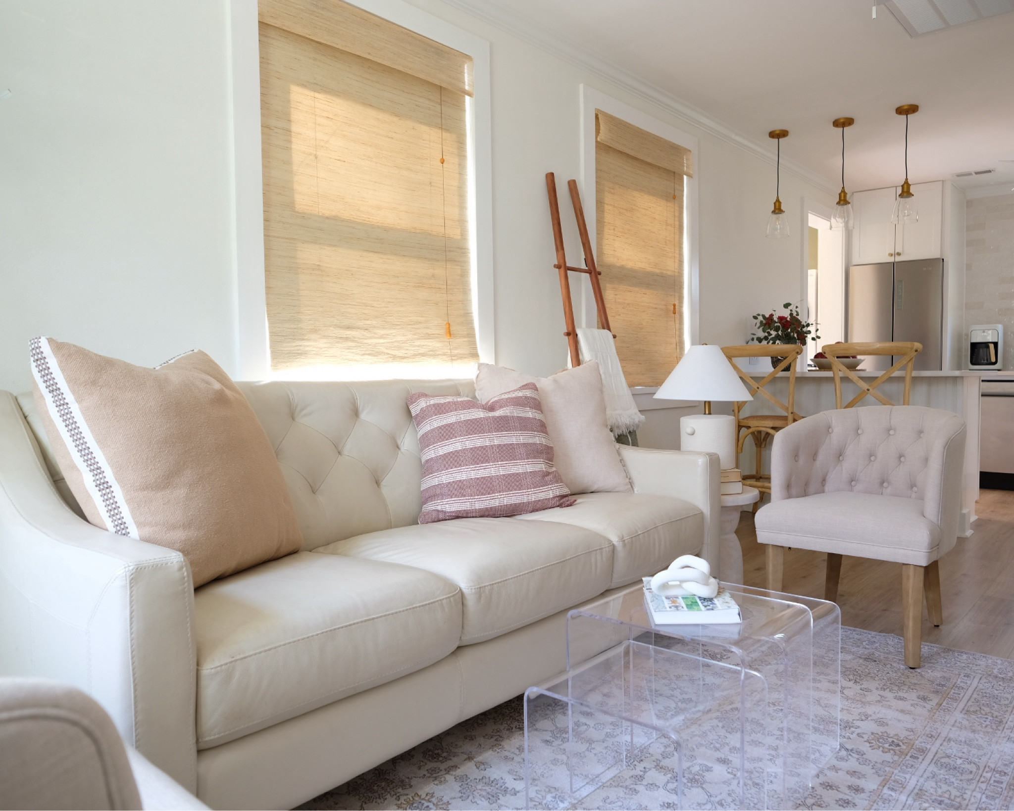 Coquette, French living room, small living room, girly living room, bamboo shades, woven shades, blanket ladder, nesting coffee table, clear coffee table, acrílico coffee table, French cottage decor 

#LTKsalealert #LTKSpringSale #LTKhome