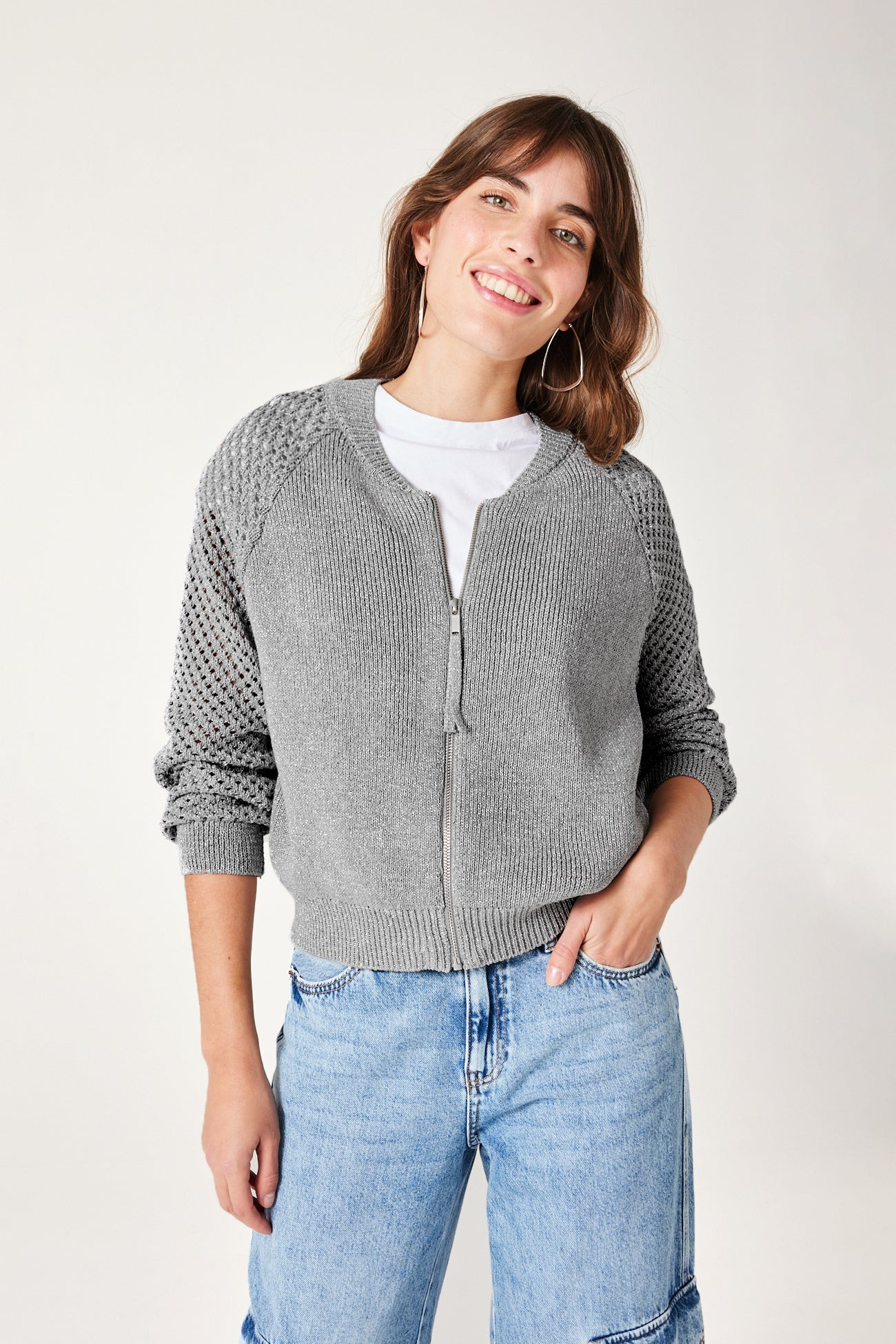 Gilet zippé maille pailletée - Argent | Promod (FR)