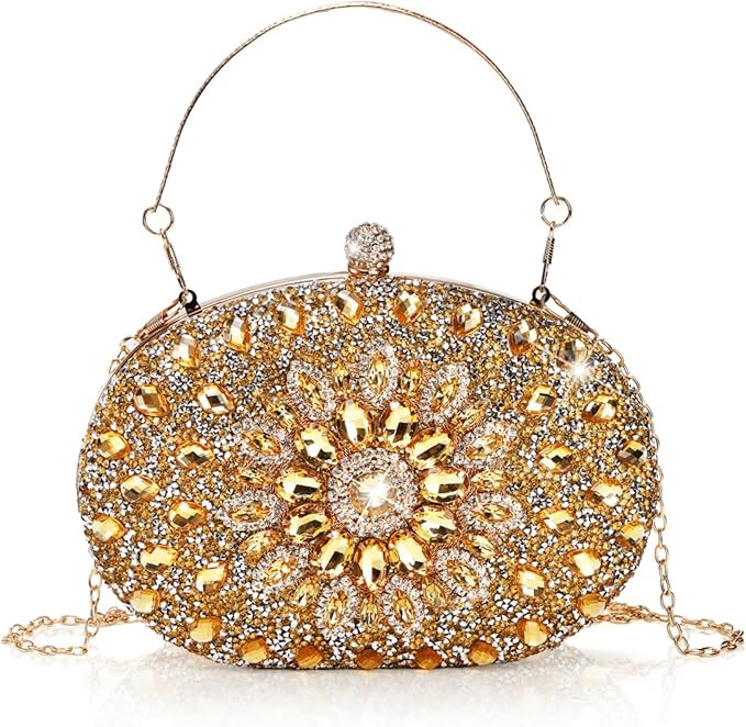 Rhinestone Evening Clutch Purse, Gold Sparkling Glitter Wrist Clutch Bag with Detachable Chain, C... | Amazon (US)