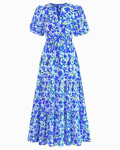 dowerme Womens Summer Dresses 2026 Casual Puff Short Sleeve V Neck Floral Boho Tiered Ruffle Maxi Dress with Pockets(White Blue Flower,Large) | Amazon (US)