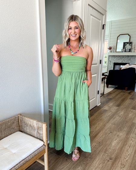 I was pleasantly surprised by the green!! I love this maxi dress so much. Lightweight and flowy. Perfect for vacation. Comes with straps. Not lined and has pockets. 

Wearing a small petite. Possibly could have done a medium petite for more room in the bust. 

Use code KRISTINE20 for a discount on my jewelry at Allie + Bess 

#LTKSaleAlert #LTKFindsUnder100 #LTKSeasonal