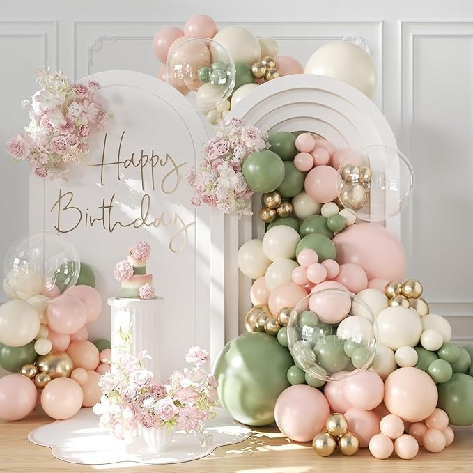 Sage Green Pink Gold Balloon Arch Kit 132Pcs Sage Green Pink Peach Ivory White Gold Clear Balloon... | Amazon (US)