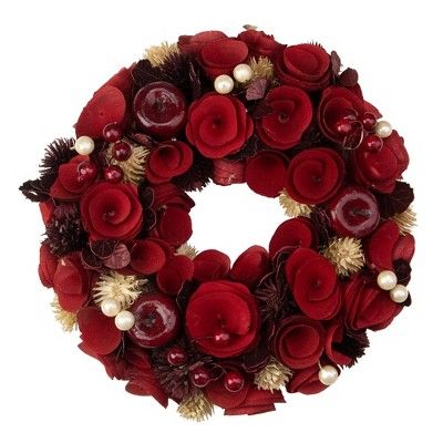 Northlight 12" Red Wooden Rose Apple and Faux Pearl Artificial Valentines Wreath - Unlit | Target