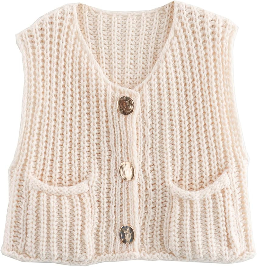 Arssm Women Button Down Chunky Sweater Vest Sleeveless Crop Knit Cardigan Cropped Knitted Sweater... | Amazon (US)