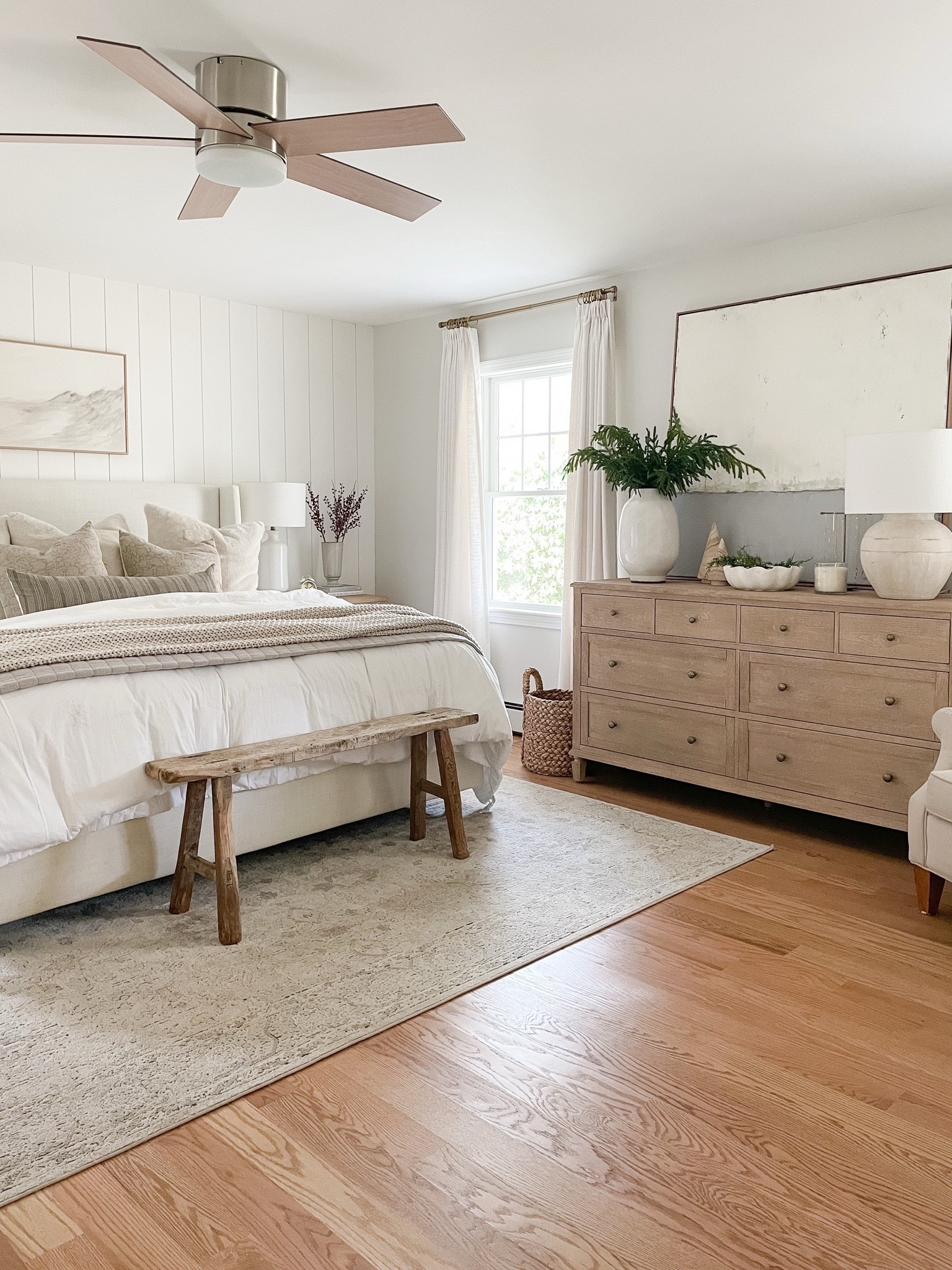 Coastal bedroom, winter styling pottery barn dresser Loloi rug, vintage wood bench, bedding throw blanket throw pillows 

#LTKFindsUnder50 #LTKHome