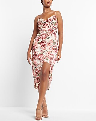 Floral Satin V-neck Wrap Midi Dress | Express