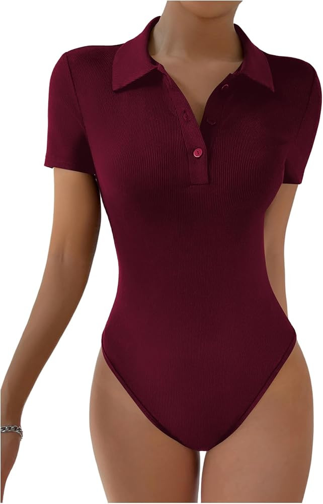 SweatyRocks Women's Short Sleeve Polo Shirt Bodysuit Ribbed Half Button Collared Leotards | Amazon (US)