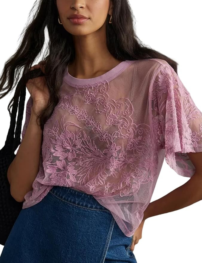 Arssm Womens Lace Mesh Top Short Sleeve Floral Embroidered Sheer Blouse Sexy See Through Lace Lay... | Amazon (US)
