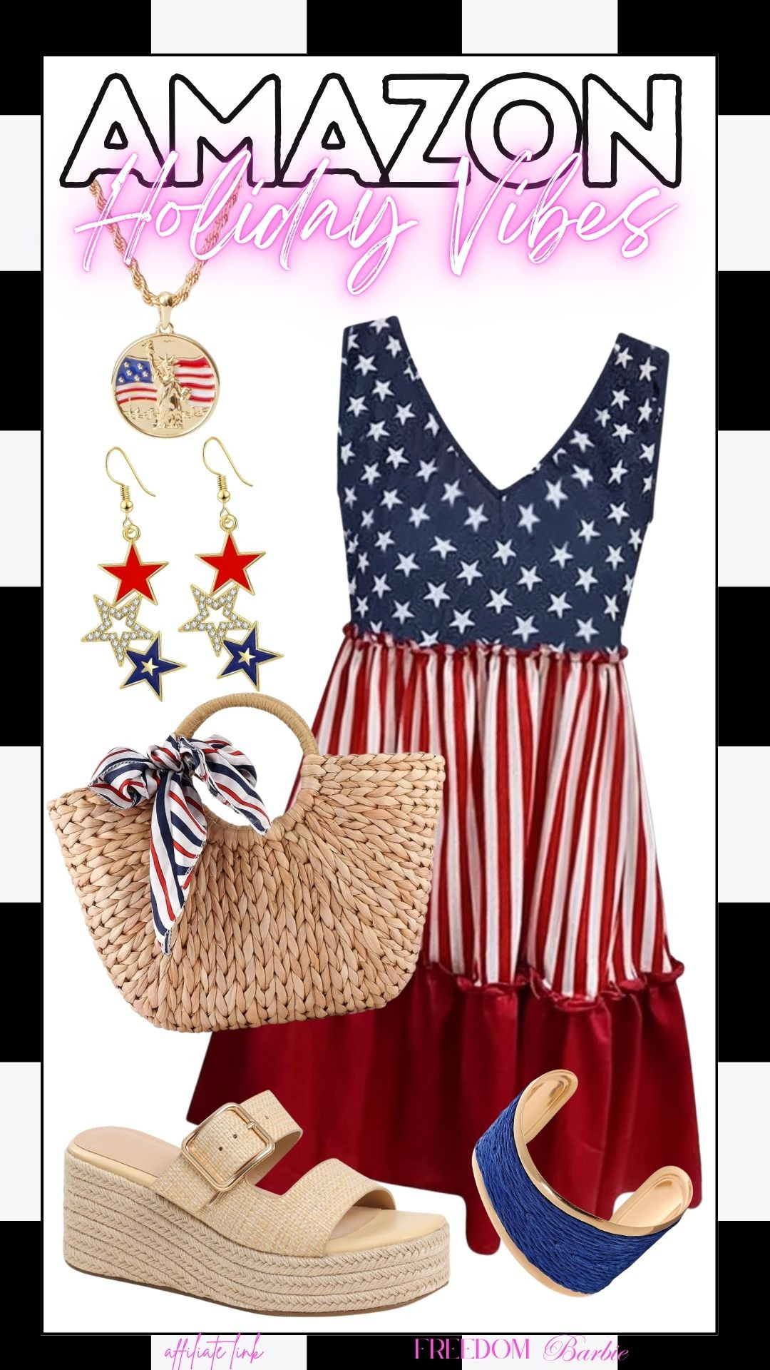Celebrate in style! This outfit is perfect for your memorial day celebration. Get that festive look with this American flag dress, red, white, and blue earrings, and a straw bag.

 #PatrioticOutfit #AmazonFashion #FreedomBarbie 

 #LTKmomlife #LTKHome #LTKMidsize