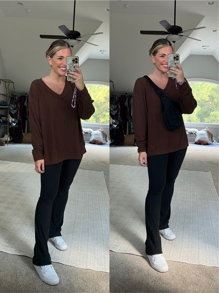 Stretchy brown pullover shirt. Corduroy knit feel to it - soo cofmy. Sized up to the L for a comfy & oversized fit • flares TTS - M • fav belt bag • white sneakers TTS 


#LTKstyletip #LTKmidsize #LTKfindsunder50