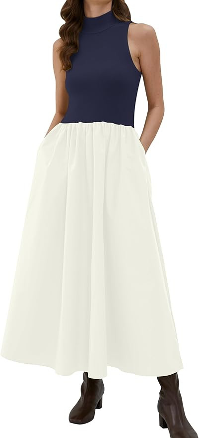 Lauweion Women's Summer Sleeveless Mock Neck Maxi Dresses Patchwork Casual Flowy Drop Waist Dress... | Amazon (US)