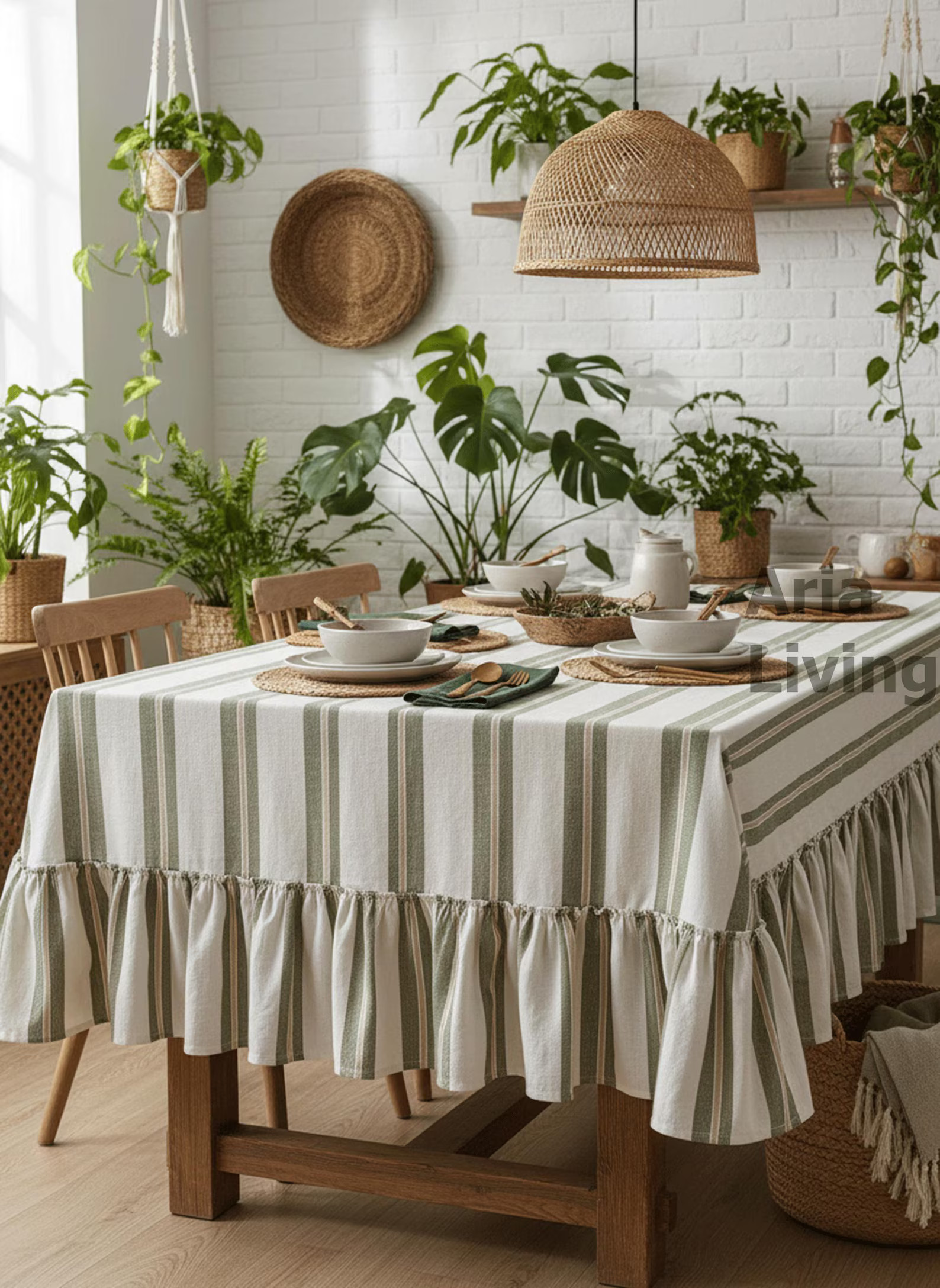 Pure Linen Striped Ruffled Tablecloth – Farmhouse Dining Table Cover, Stipe & Checkered Linen C... | Etsy (US)