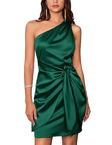Women Dresses Fall Cocktail Sleeveless One Shoulder Tie Front Dress Mini Party Dress Dark Green | Amazon (US)
