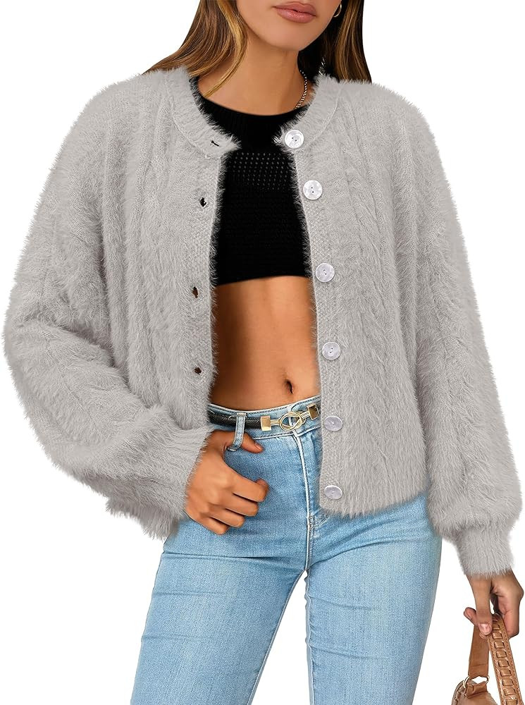 ANRABESS Women's Fuzzy Knit Cardigan Sweater Fluffy Warm Cropped Jackets Coat Cute Cozy 2024 Fall... | Amazon (US)
