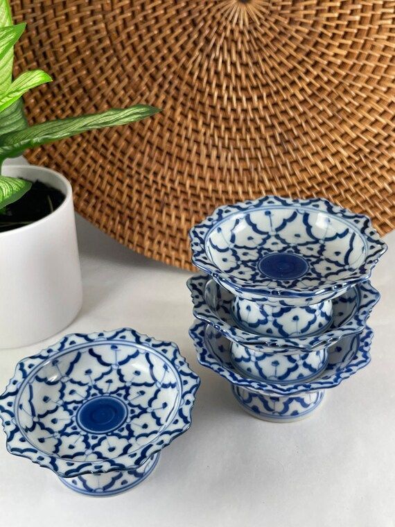 Blue & White Hand Painted Pedestal Dishes Made in Thailand 4 - Etsy | Etsy (US)