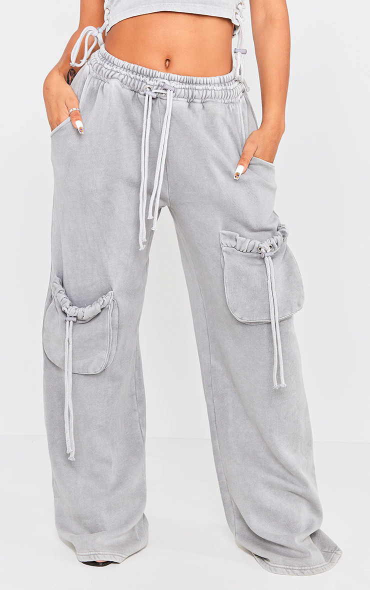 Shape Light Grey Washed Double Waistband Pocket Detail Wide Leg Sweatpants | PrettyLittleThing US